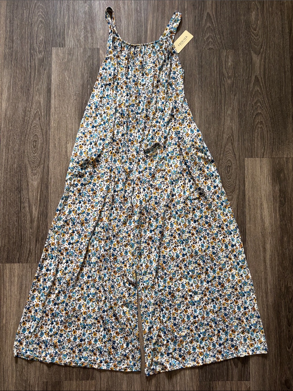 Floral Jumpsuit with Spaghetti Straps - Blue & Mustard Print
